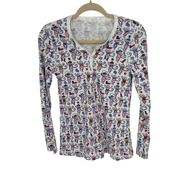 Roller Rabbit White Long Sleeve Tee Henley Neck Pink Animal Print Texas Flag XS - Picture 1 of 7